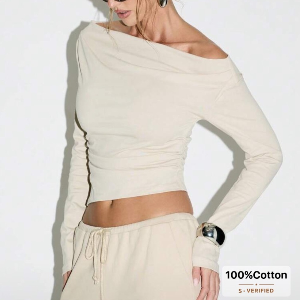 Off-Shoulder Cream Long Sleeve Top